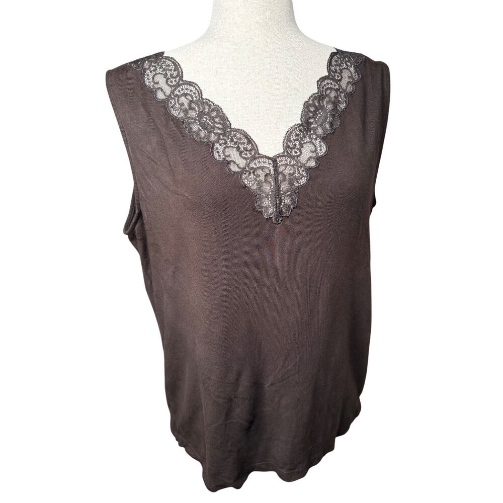 Y2k LRL XL Chocolate Brown Lace Trim Tank Cami Sleeveless preppy  layers Read